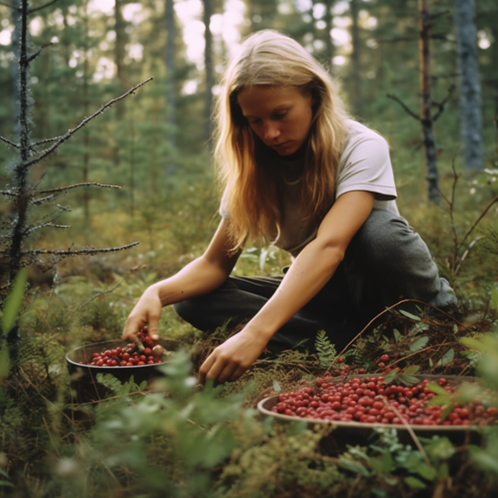 girl harvesting cranberries in pine forest